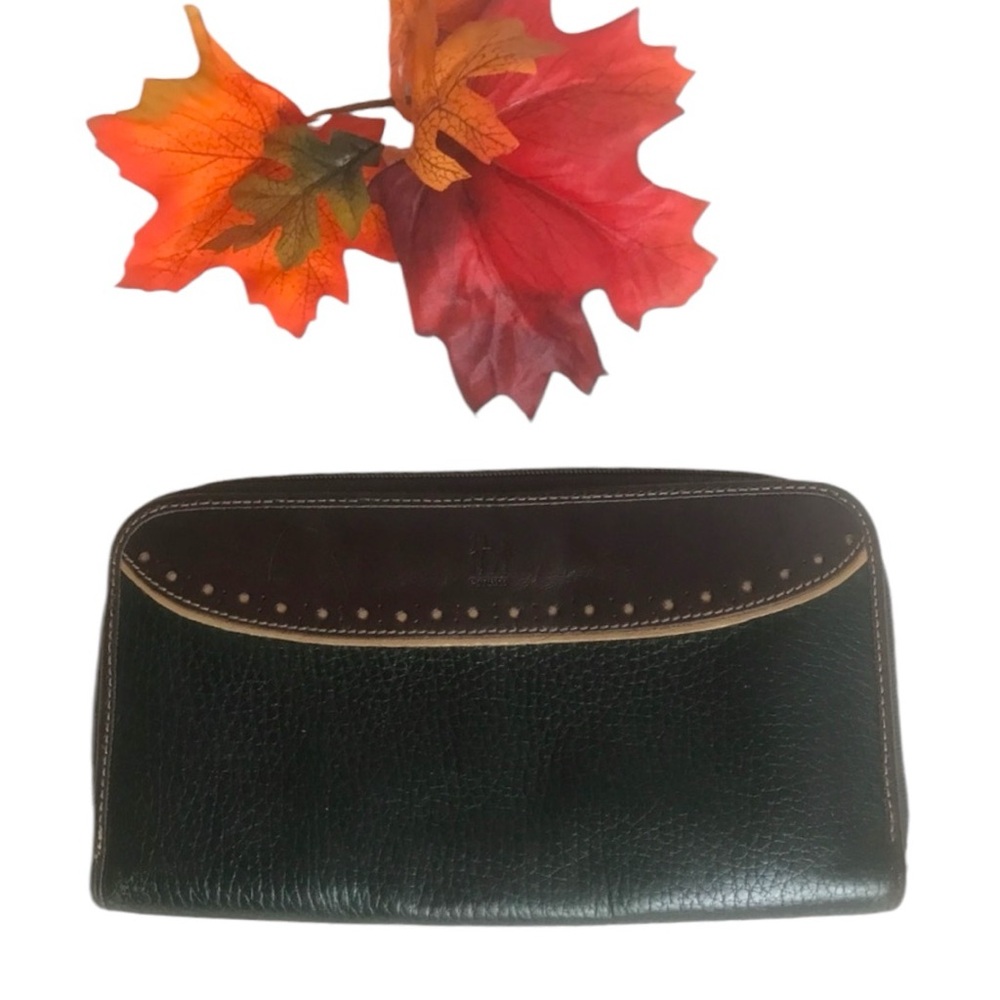 Petusco Genuine Forest Green Tan Leather Trim 3 Compartment Zippered Wallet